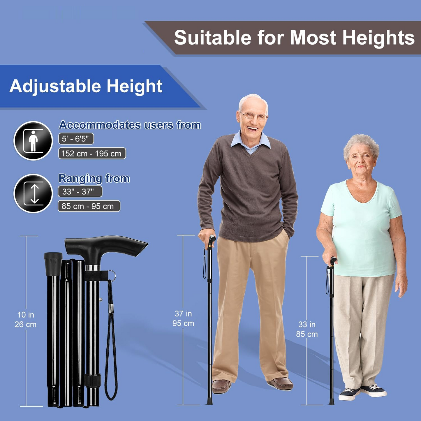 Unisex Foldable Walking Cane | Mobility and Daily Living Aids | Five-level adjustable height walking stick