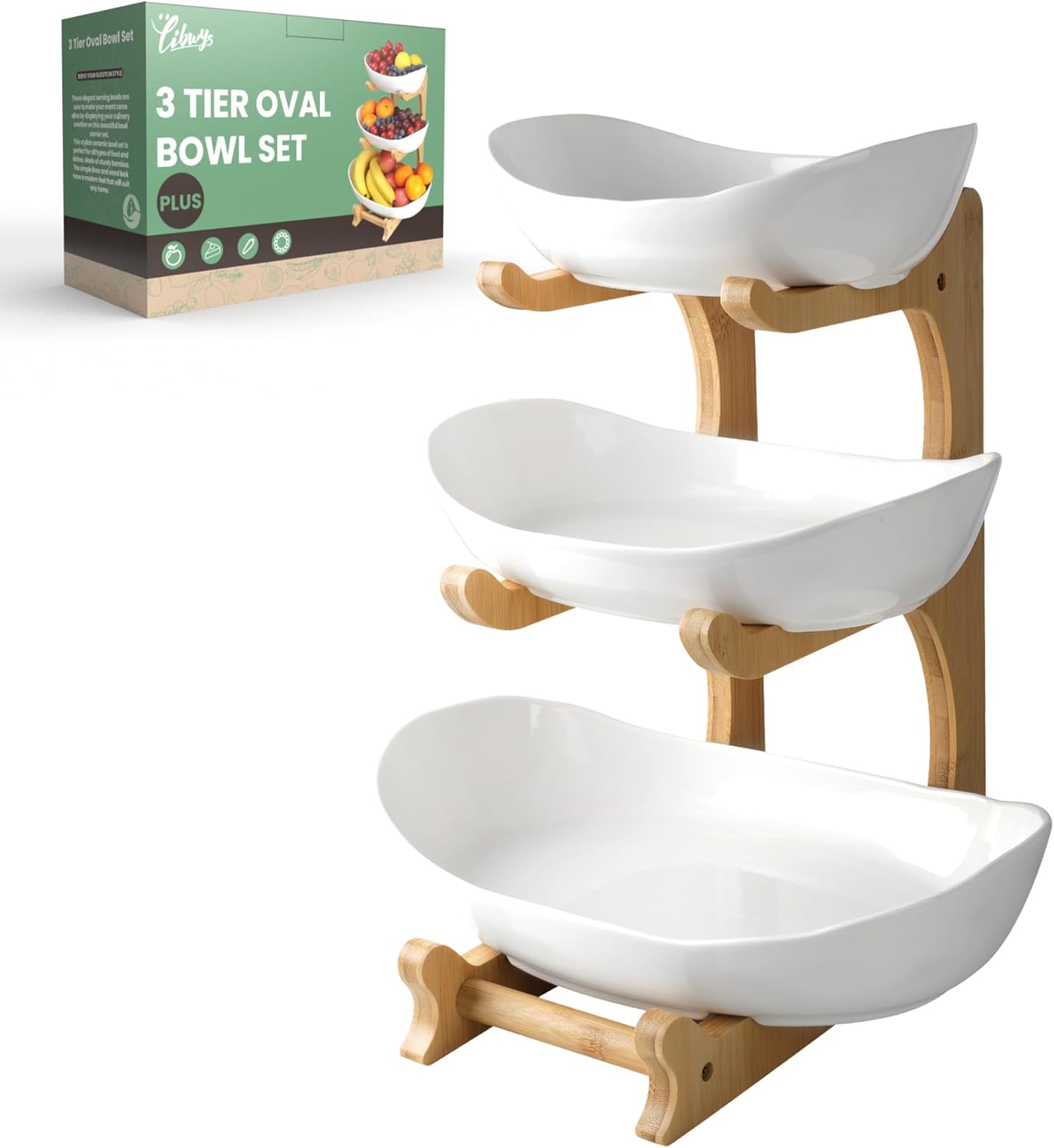 🔥Fruit tray storage rack | Ceramic bowl+bamboo rack | Dishwasher usable | FSC certified