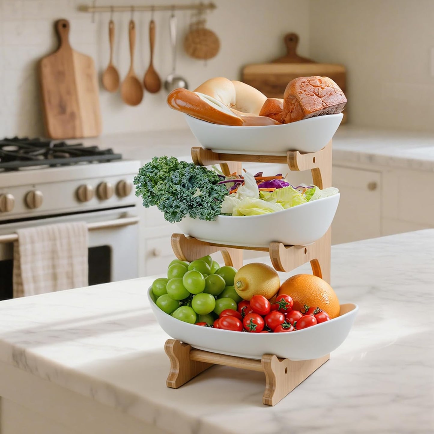 🔥Fruit tray storage rack | Ceramic bowl+bamboo rack | Dishwasher usable | FSC certified