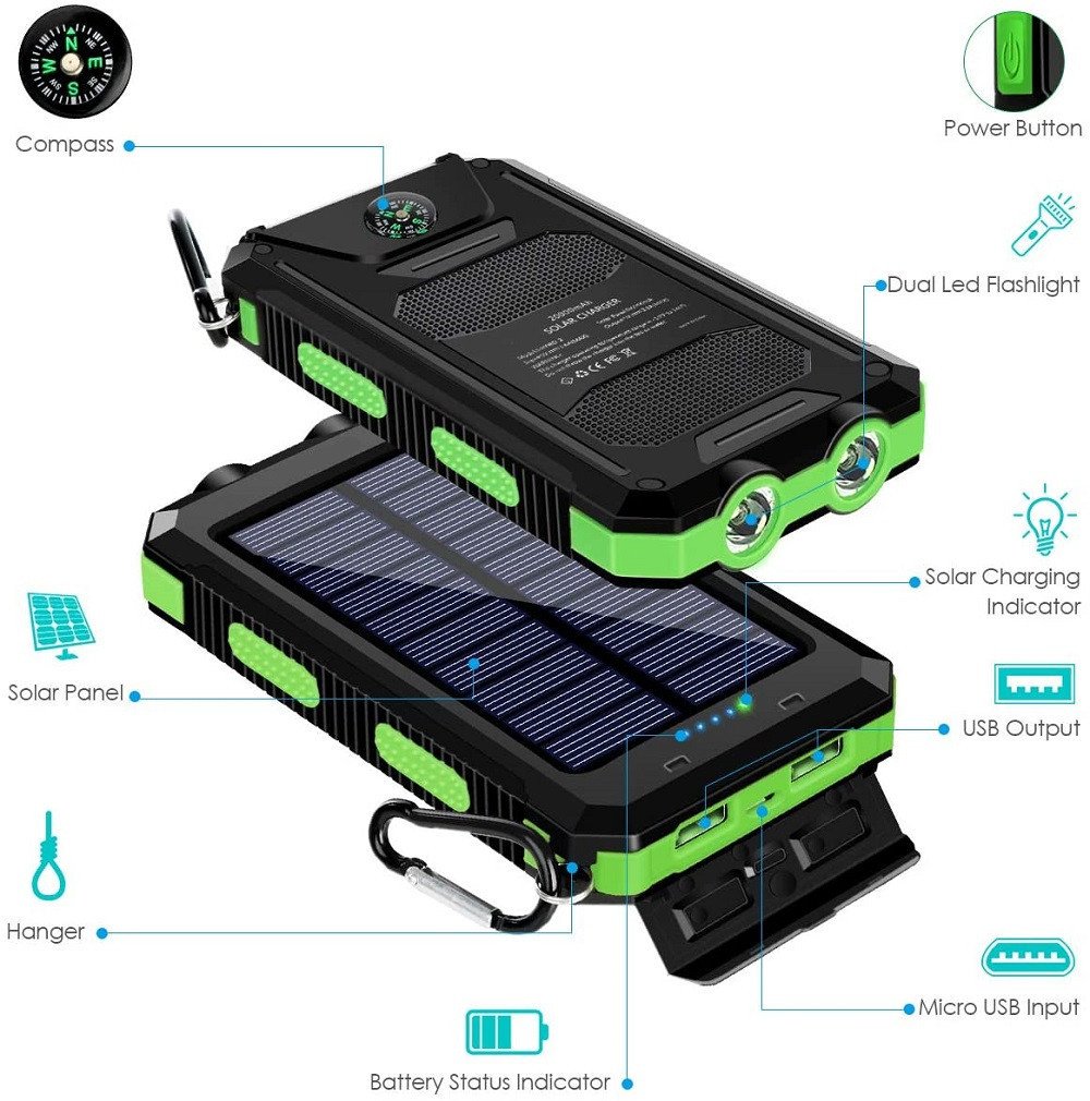 🔥Waterproof Solar Power Bank | 20000mAh with light and compass