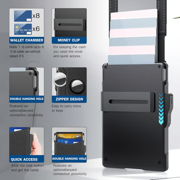 Wallet for Men - with Pop Up Aluminum Case Money Clip Slim Leather Slots Credit Card Holder RFID Blocking Bifold Minimalist Wallet