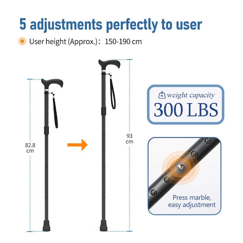 Unisex Foldable Walking Cane | Mobility and Daily Living Aids | Five-level adjustable height walking stick