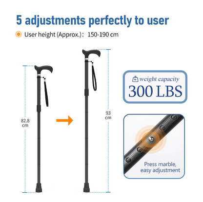 Unisex Foldable Walking Cane | Mobility and Daily Living Aids | Five-level adjustable height walking stick
